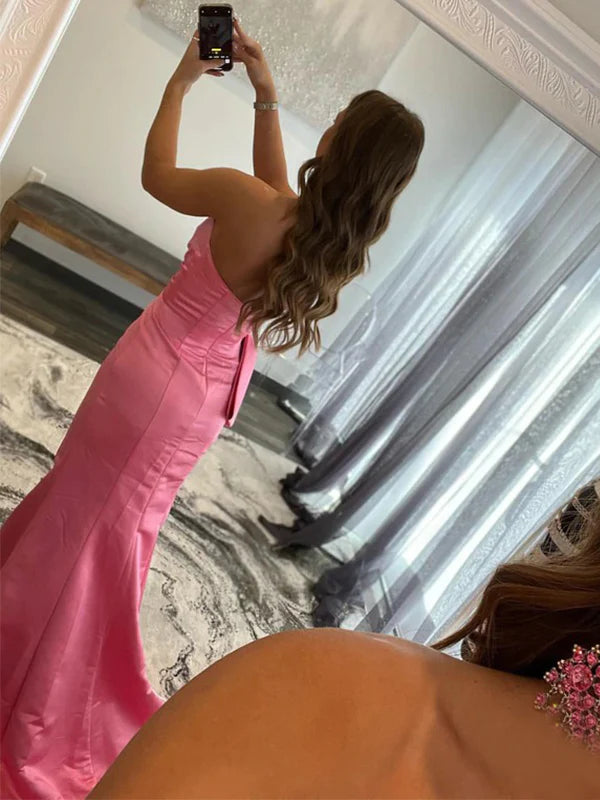 Glossy satin mermaid strapless sweetheart solid open back high slit floor length formal evening dress