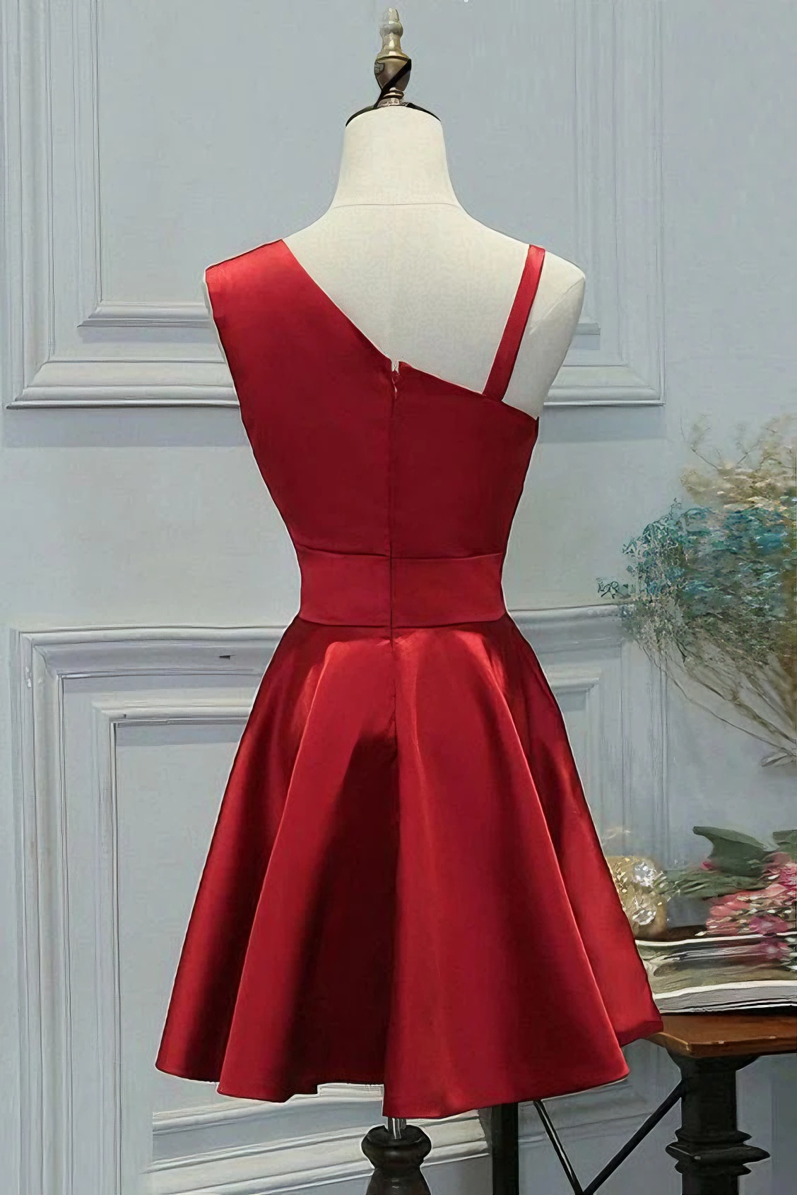 Glossy satin skater asymmetrical one strap solid zip back short length formal homecoming dress