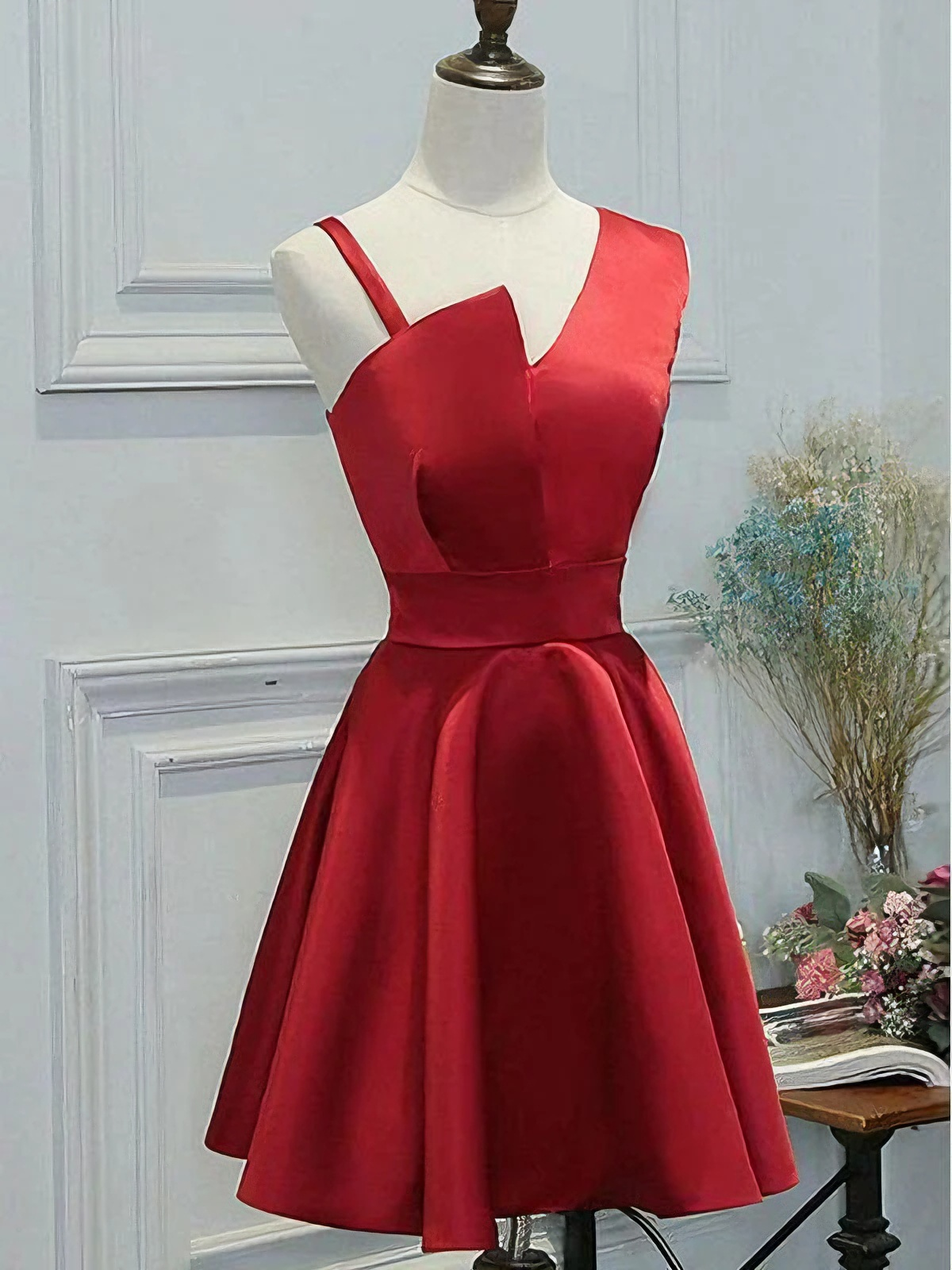 Glossy satin skater asymmetrical one strap solid zip back short length formal homecoming dress