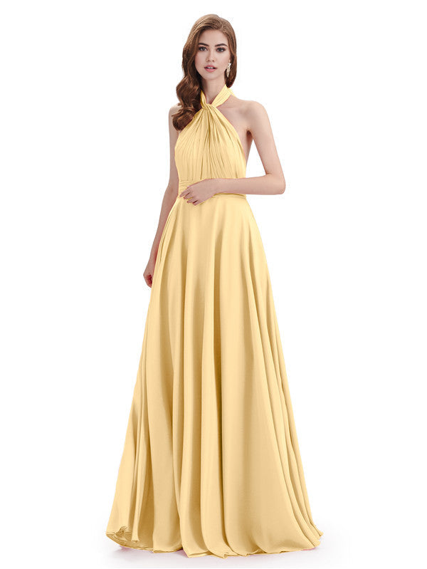 Simple A-Line High Neck Halter Sleeveless Pleats Chiffon Floor Length Bridesmaid Dresses