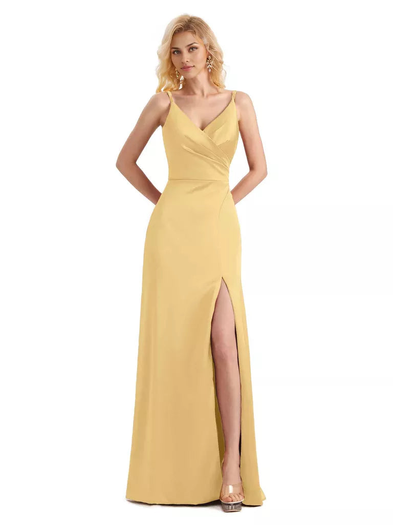 Vestido de dama de honor largo, formal, cruzado, sin mangas, con escote en V y abertura lateral de satén suave y sencillo