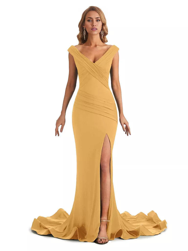 Vestido de dama de honor largo, formal, sin mangas, con escote en V y hombros descubiertos, de estilo sirena y sexy