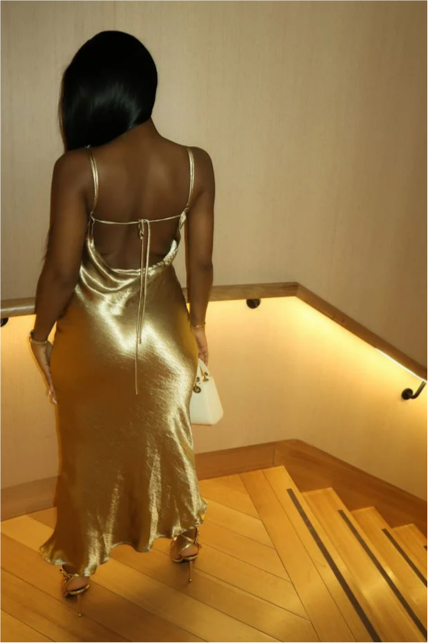 Golden Satin Cowl Neck Spaghetti Straps Lace-Up Back Evening Dresses