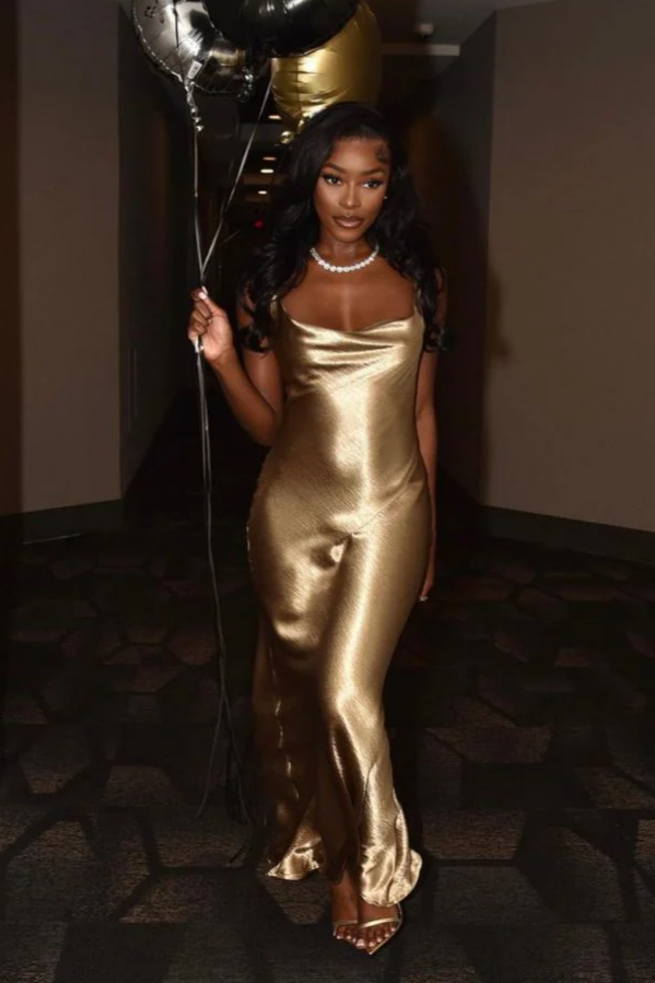 Golden Satin Cowl Neck Spaghetti Straps Lace-Up Back Evening Dresses