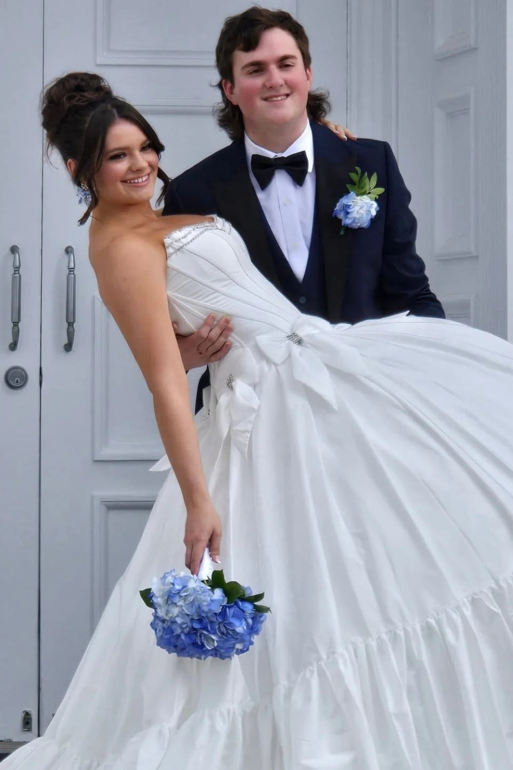 White Satin A-Line Floor-Length Dress with Tiered Ruffle Skirt