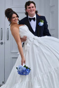 White Satin A-Line Floor-Length Dress with Tiered Ruffle Skirt