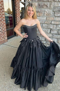 White Satin A-Line Floor-Length Dress with Tiered Ruffle Skirt