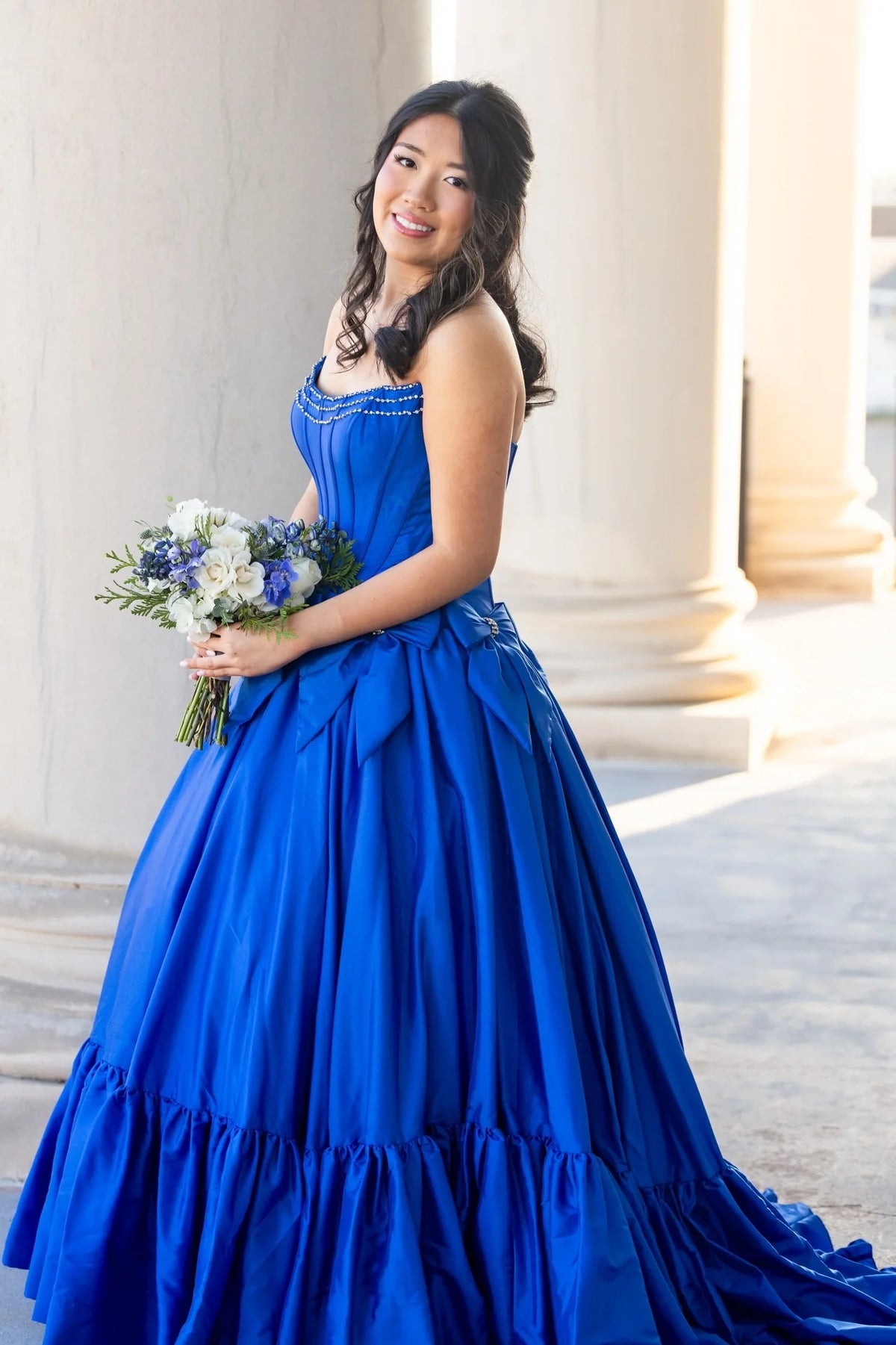 White Satin A-Line Floor-Length Dress with Tiered Ruffle Skirt