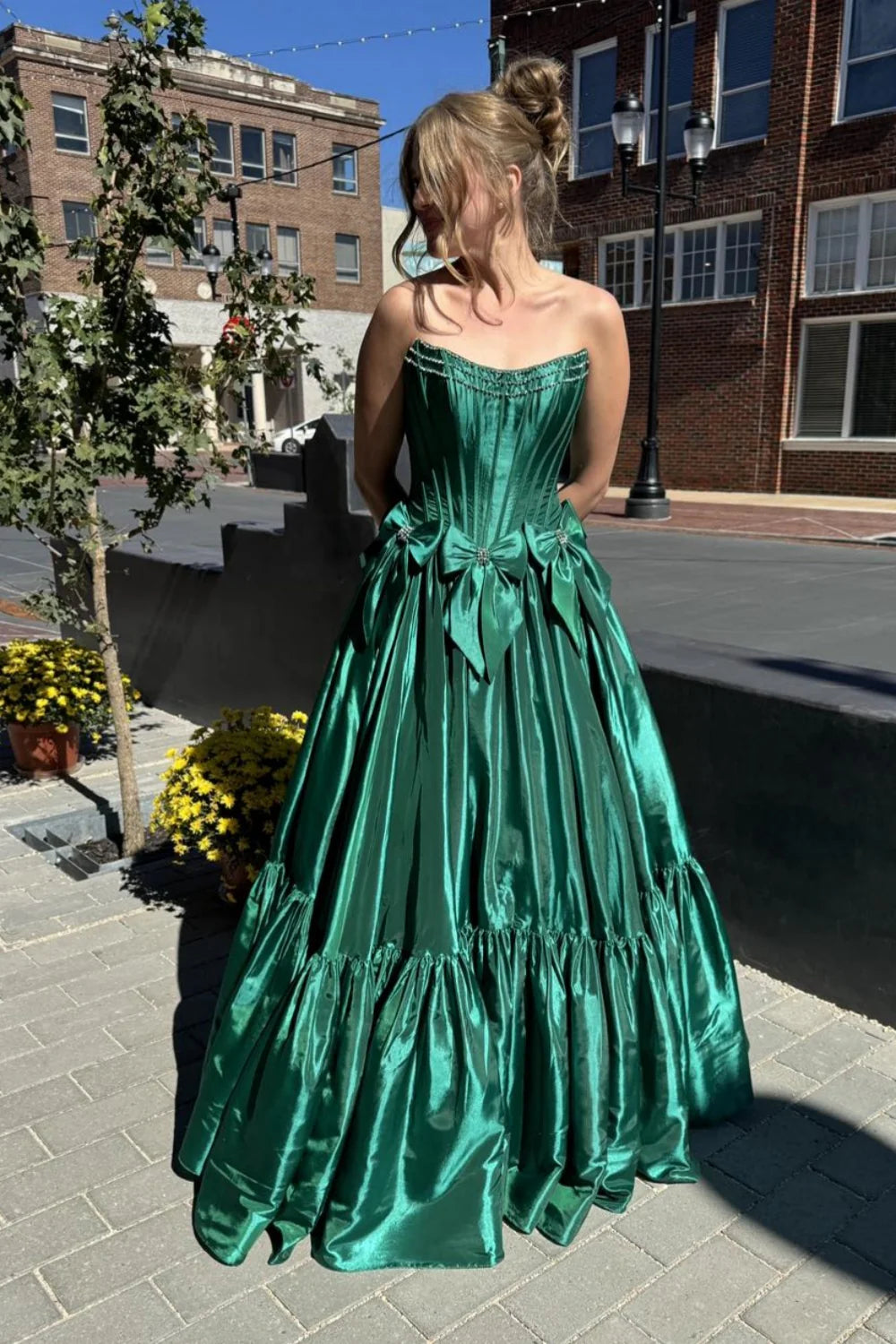 White Satin A-Line Floor-Length Dress with Tiered Ruffle Skirt
