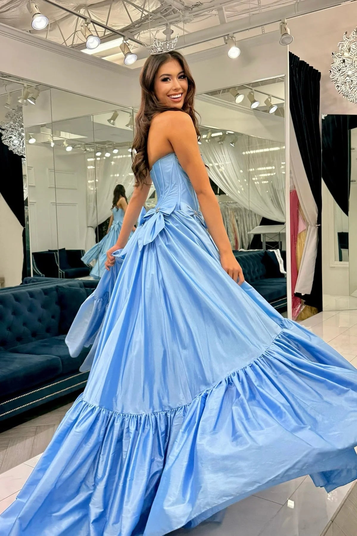 White Satin A-Line Floor-Length Dress with Tiered Ruffle Skirt