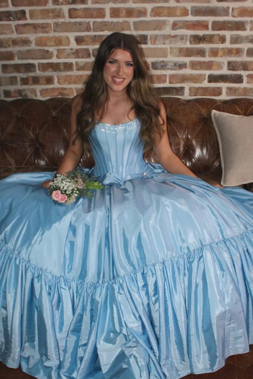 White Satin A-Line Floor-Length Dress with Tiered Ruffle Skirt