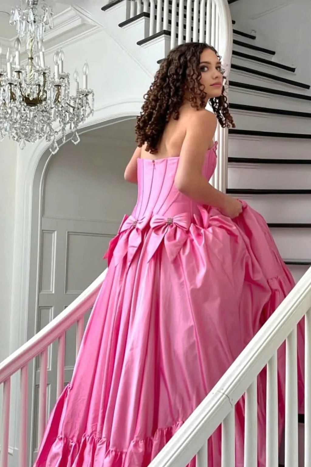White Satin A-Line Floor-Length Dress with Tiered Ruffle Skirt