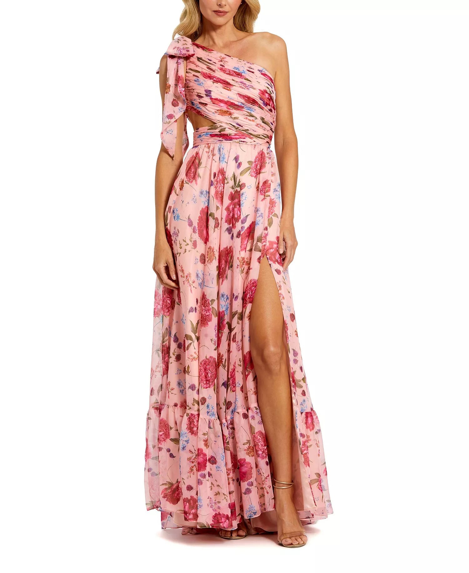 Gorgeous Flowy Floral One-Shoulder Bow Sleeveless Cutout Back Floor-Length Prom Dress