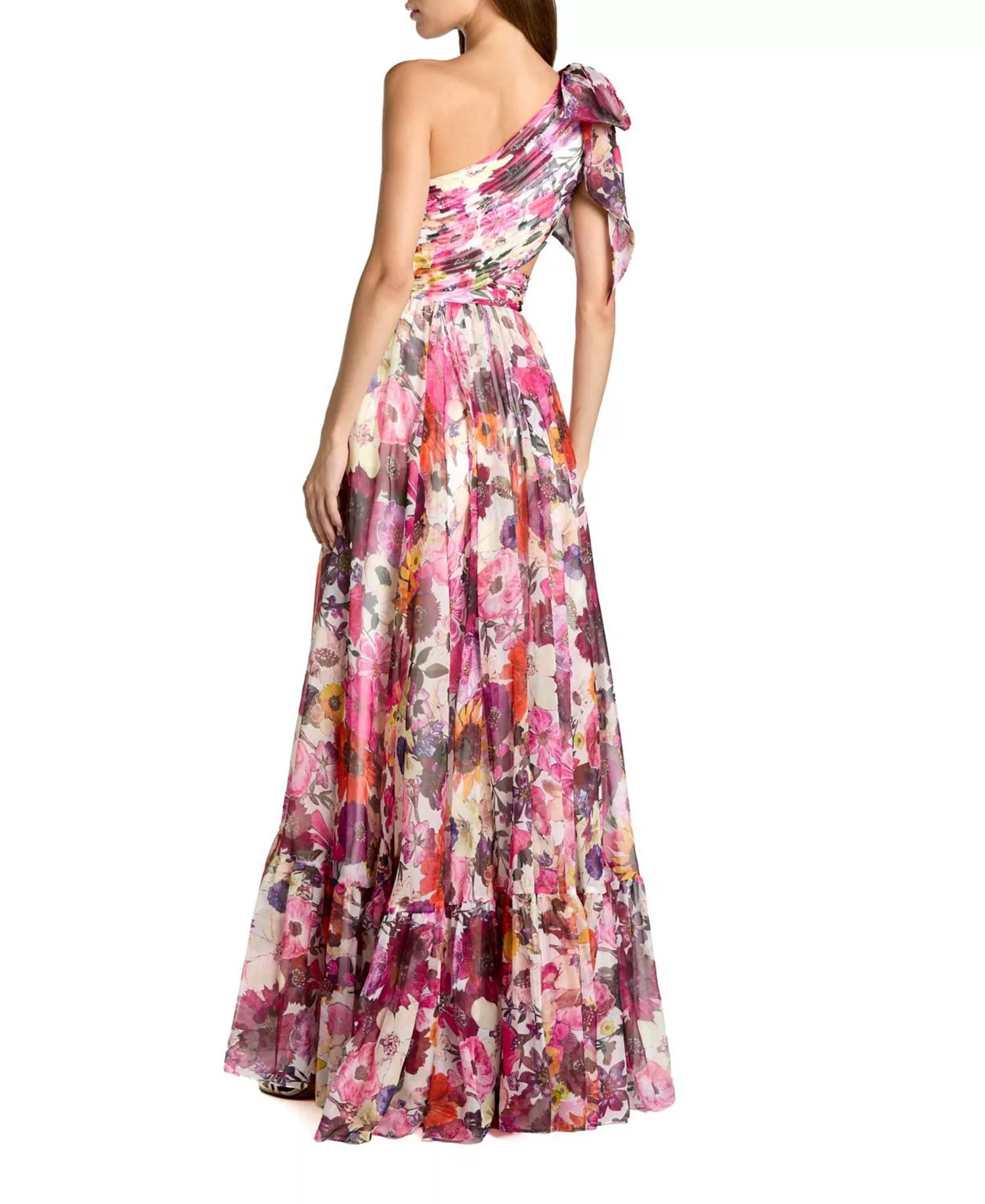 Gorgeous Flowy Floral One-Shoulder Bow Sleeveless Cutout Back Floor-Length Prom Dress