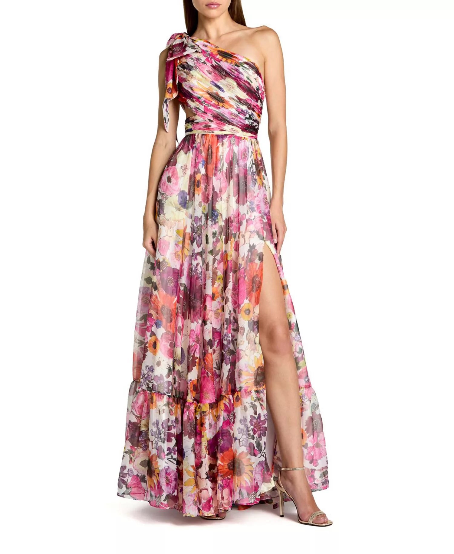 Gorgeous Flowy Floral One-Shoulder Bow Sleeveless Cutout Back Floor-Length Prom Dress