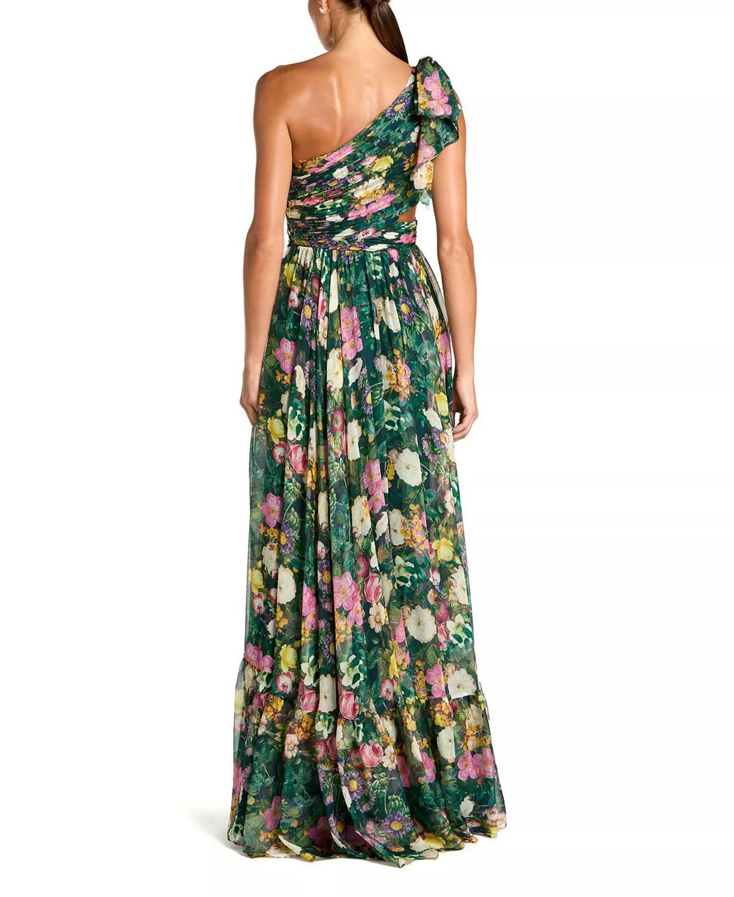 Gorgeous Flowy Floral One-Shoulder Bow Sleeveless Cutout Back Floor-Length Prom Dress