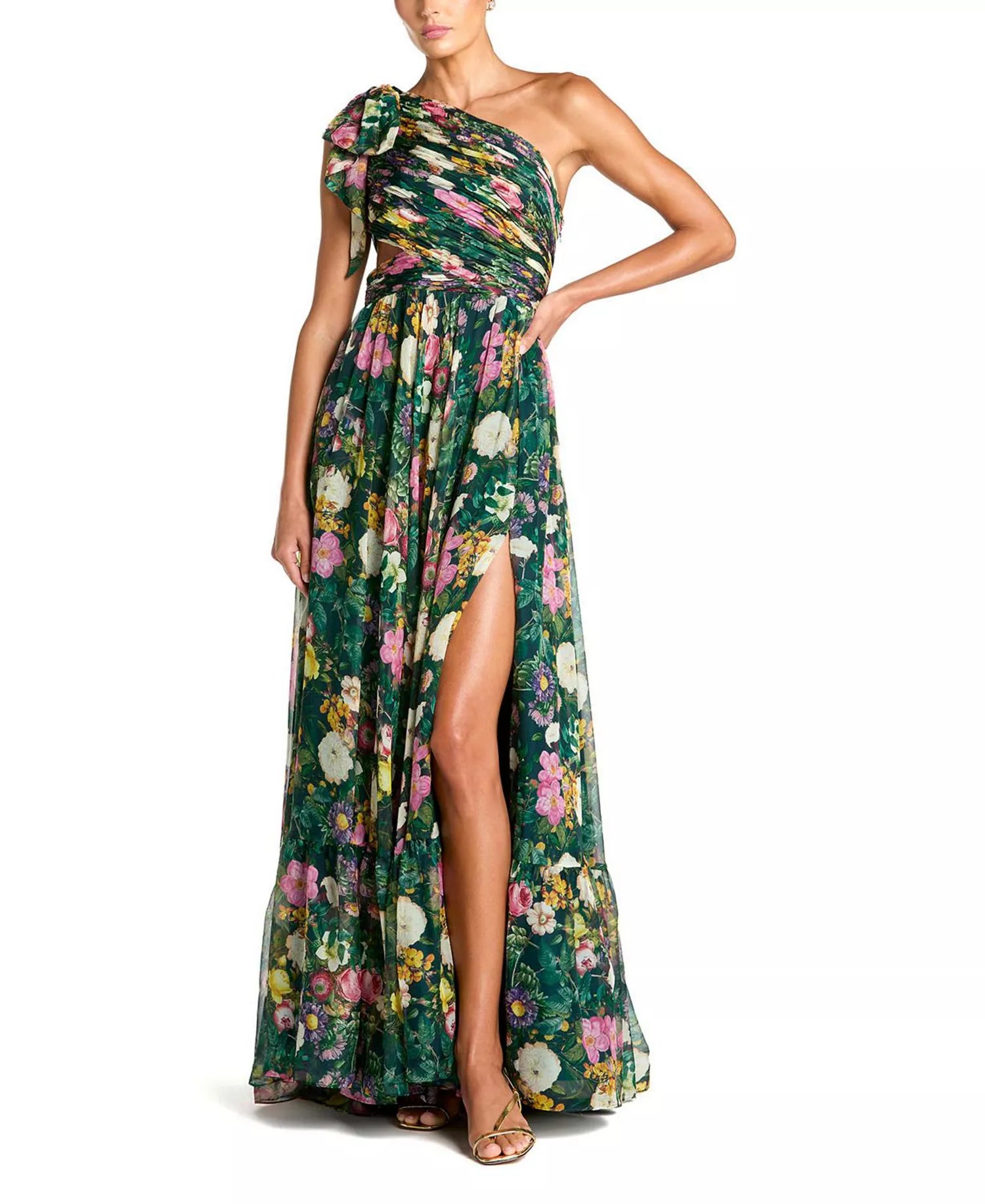 Gorgeous Flowy Floral One-Shoulder Bow Sleeveless Cutout Back Floor-Length Prom Dress