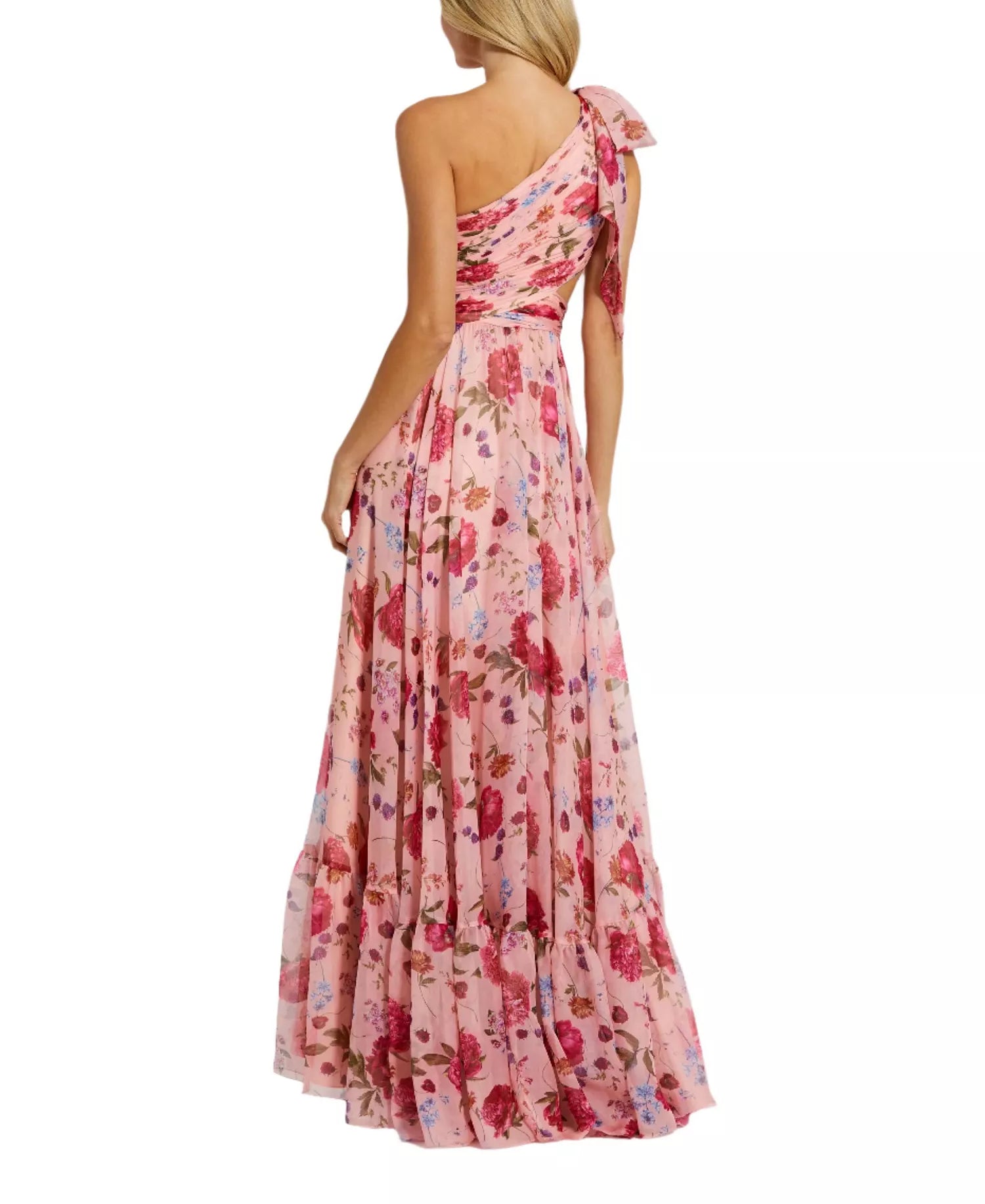 Gorgeous Flowy Floral One-Shoulder Bow Sleeveless Cutout Back Floor-Length Prom Dress