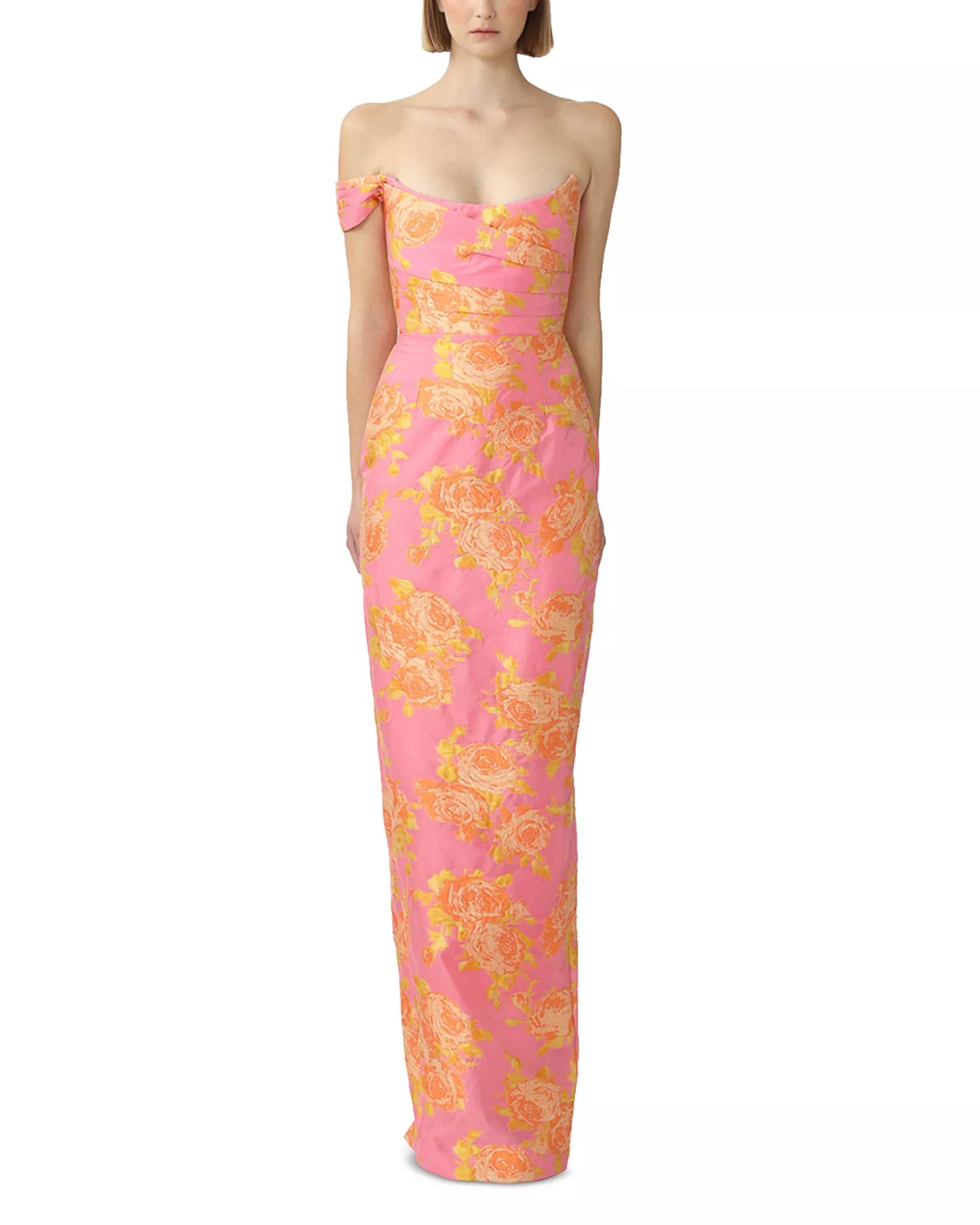 Gorgeous Vibrant Floral Off-The-Shoulder Bow-Detail Sleeveless Fitted Back Slit Floor-Length Prom Dress