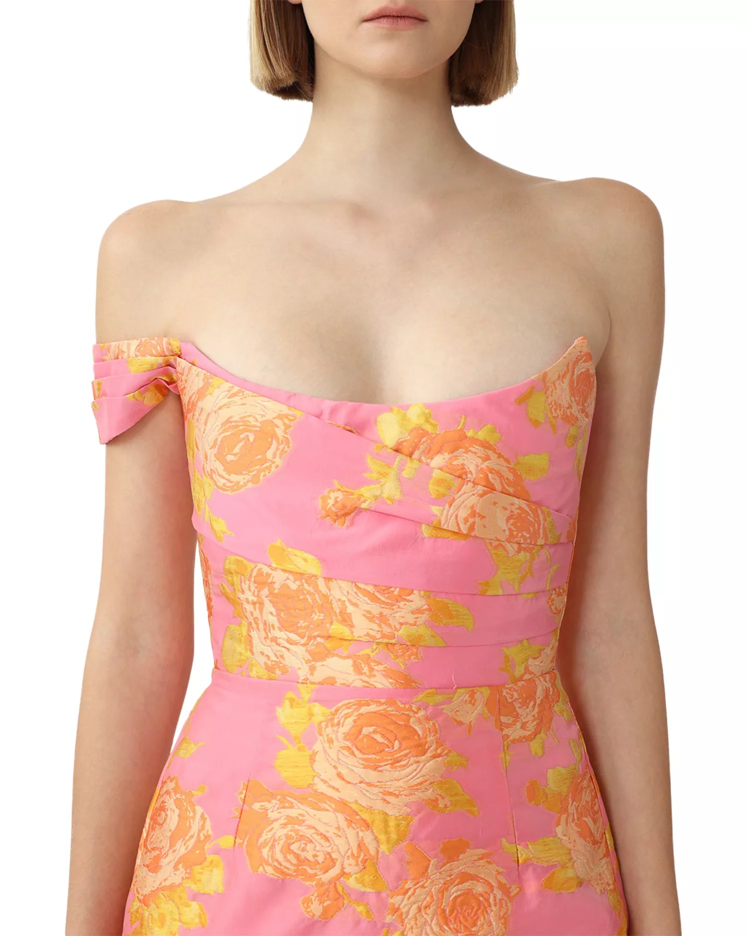 Gorgeous Vibrant Floral Off-The-Shoulder Bow-Detail Sleeveless Fitted Back Slit Floor-Length Prom Dress