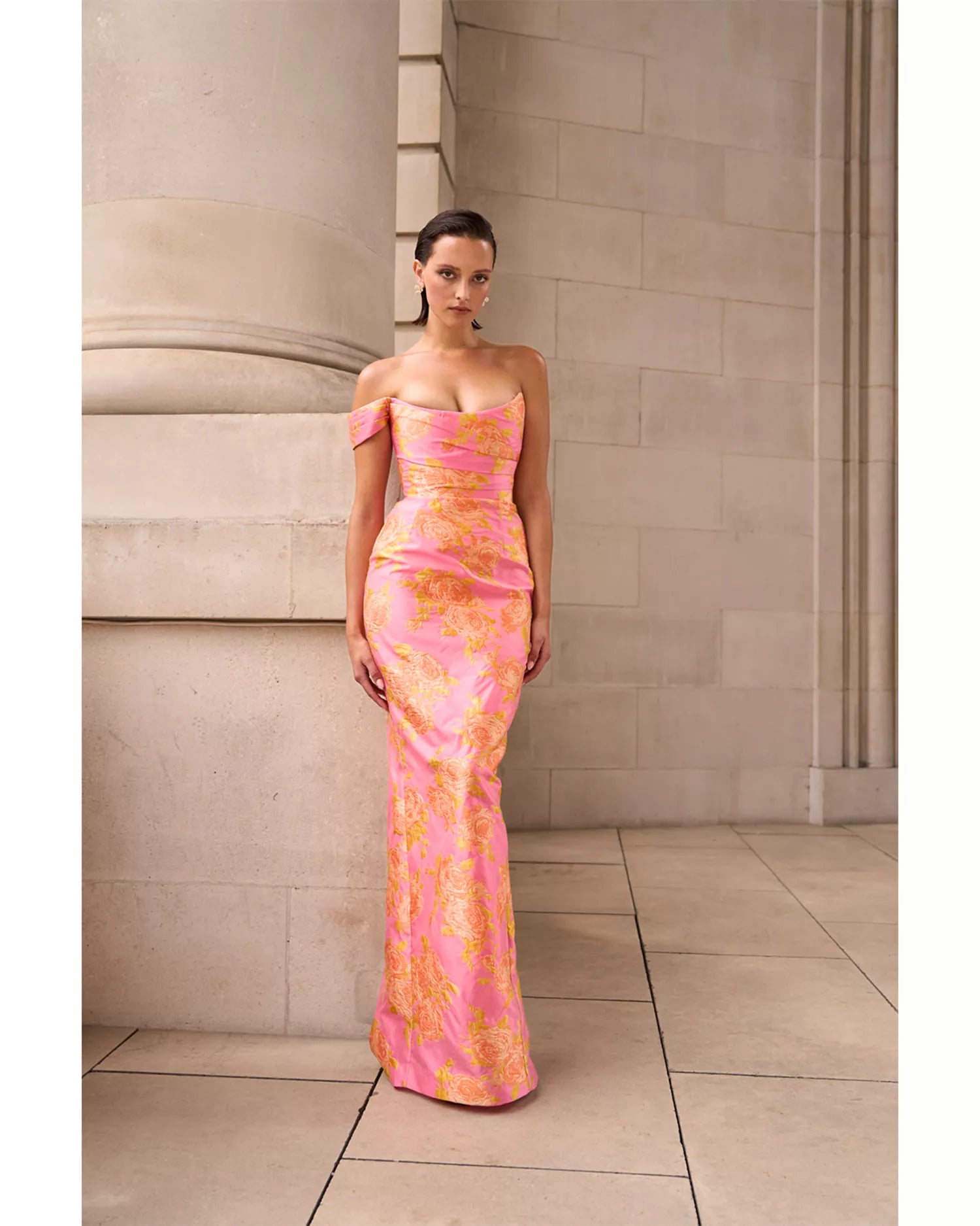 Gorgeous Vibrant Floral Off-The-Shoulder Bow-Detail Sleeveless Fitted Back Slit Floor-Length Prom Dress