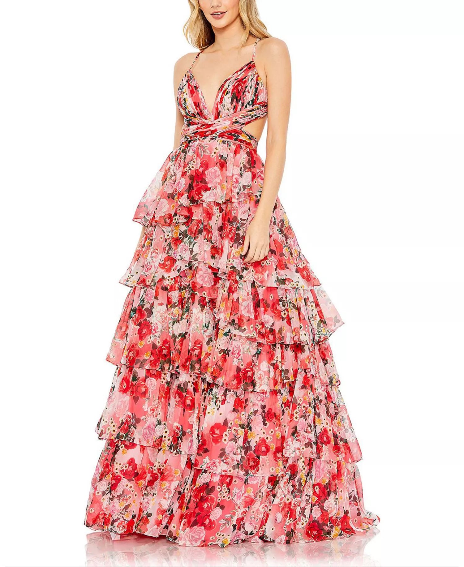 Gorgeous Vibrant Floral V-Neck Spaghetti Strap Open Back Tiered Floor-Length Prom Dress
