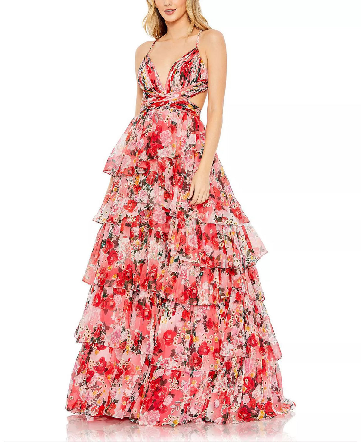 Red Chiffon A-Line V-Neck Floor-Length Evening Dress with Tiered Ruffle Skirt