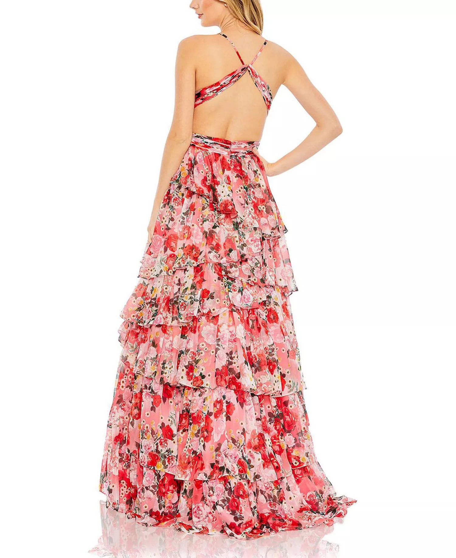 Gorgeous Vibrant Floral V-Neck Spaghetti Strap Open Back Tiered Floor-Length Prom Dress