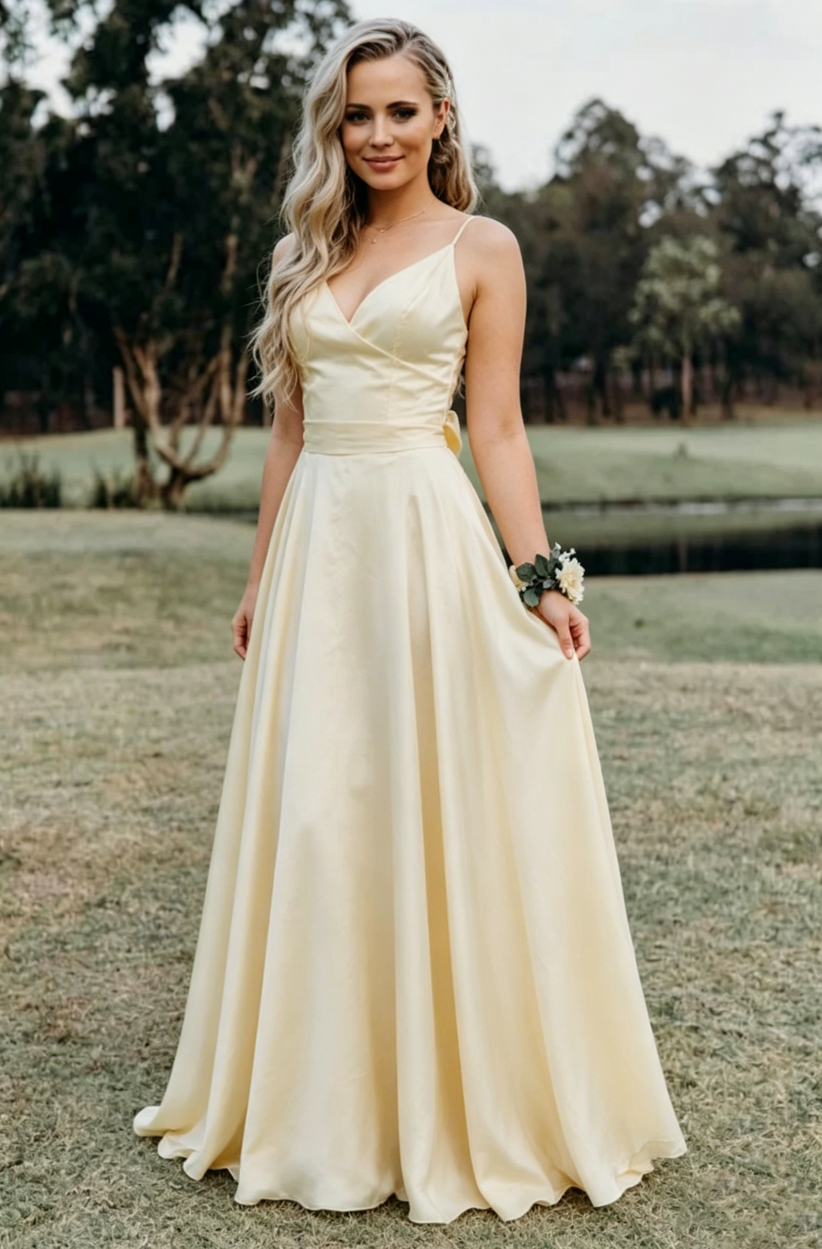 Graceful A-Line V-Neck Spaghetti Straps Bow-Back Floor-Length Satin Evening Dress