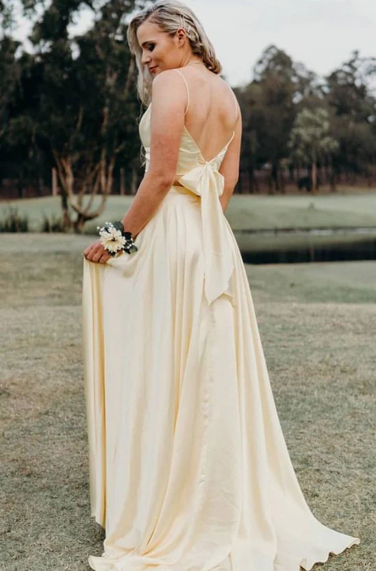 Graceful A-Line V-Neck Spaghetti Straps Bow-Back Floor-Length Satin Evening Dress