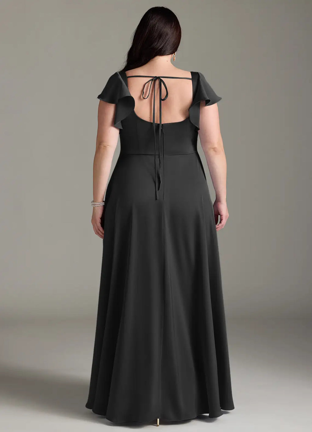 Black Chiffon A-Line Floor-Length Bridesmaid Dress with Square Neck & Flutter Sleeves