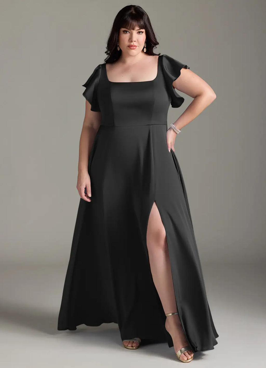 Black Chiffon A-Line Floor-Length Bridesmaid Dress with Square Neck & Flutter Sleeves