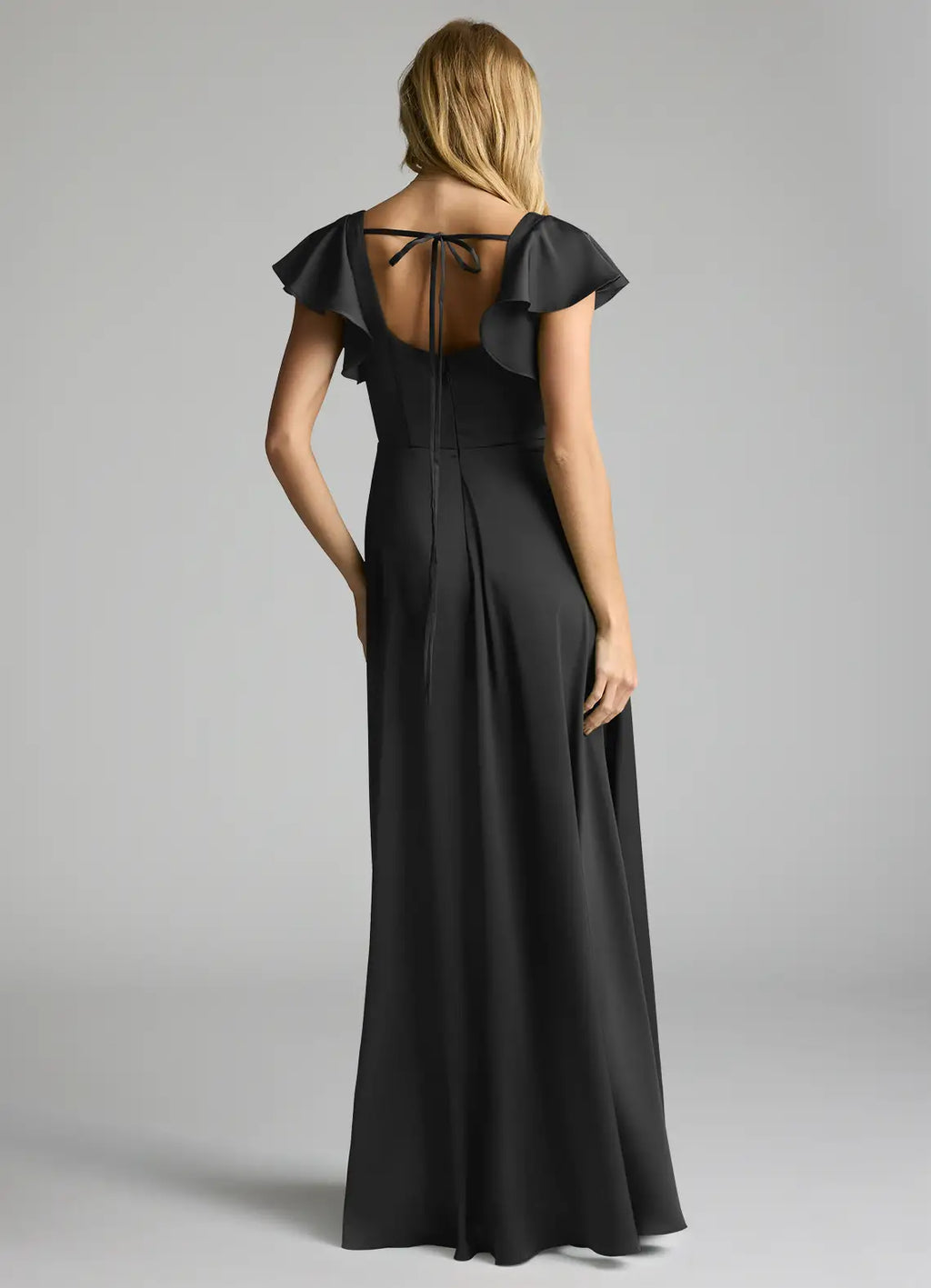 Black Chiffon A-Line Floor-Length Bridesmaid Dress with Square Neck & Flutter Sleeves