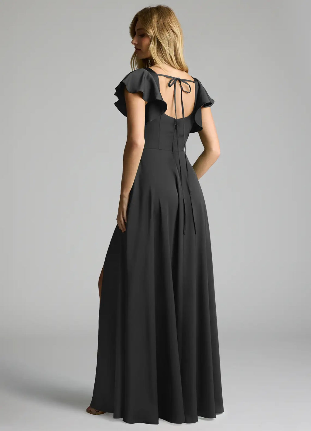 Black Chiffon A-Line Floor-Length Bridesmaid Dress with Square Neck & Flutter Sleeves