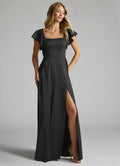 Black Chiffon A-Line Floor-Length Bridesmaid Dress with Square Neck & Flutter Sleeves
