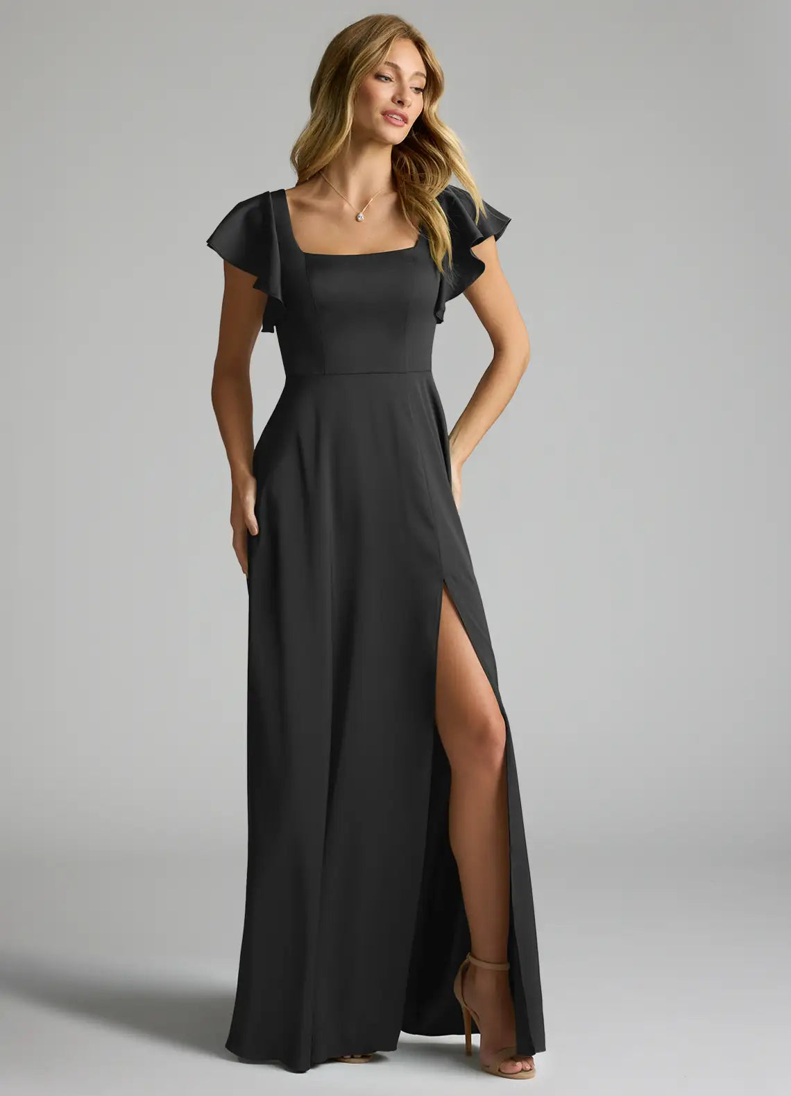 Black Chiffon A-Line Floor-Length Bridesmaid Dress with Square Neck & Flutter Sleeves