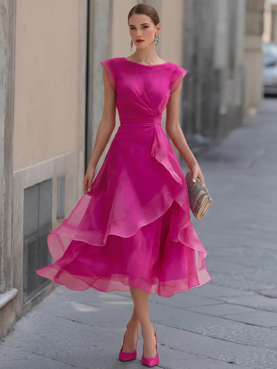 Graceful Chiffon A-Line Boat Neck Cap Sleeve Zipper Back Midi Evening Dresses