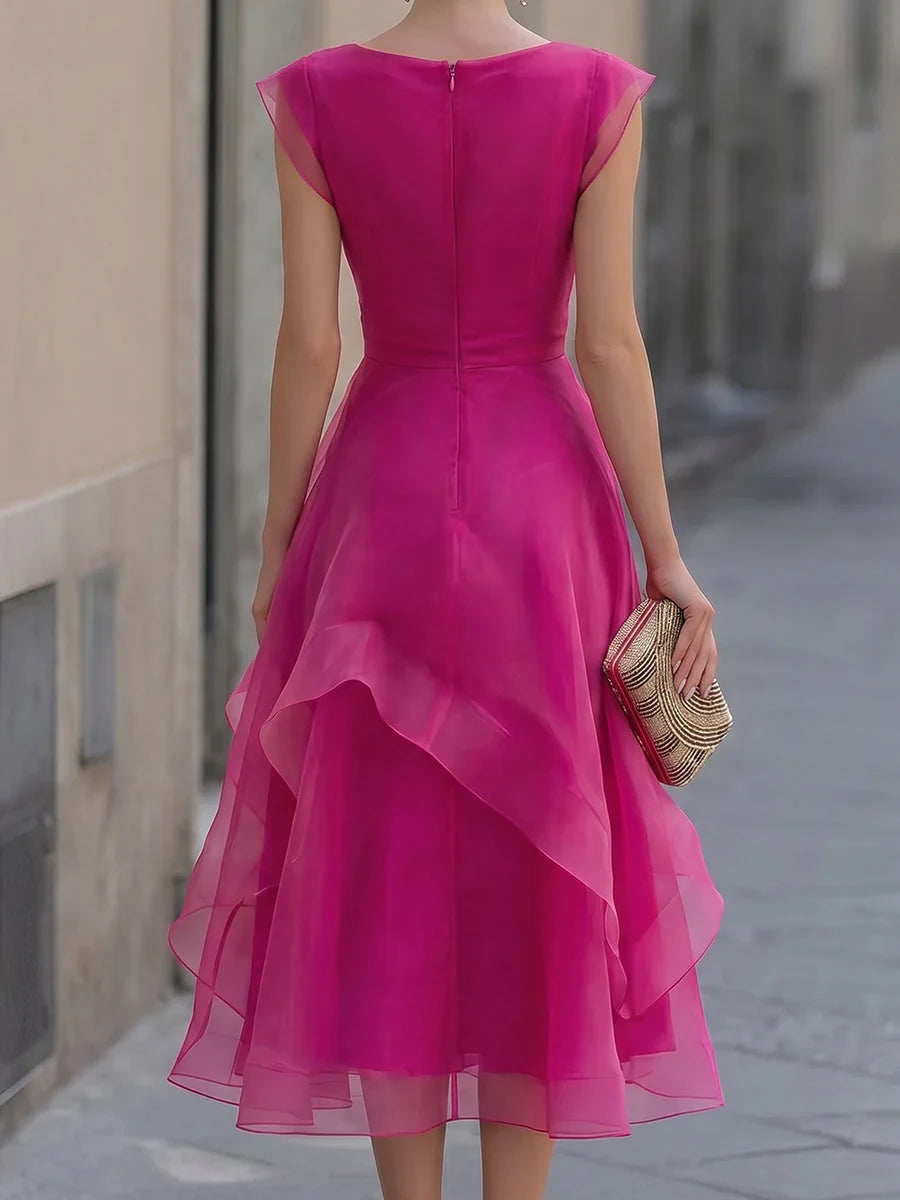 Graceful Chiffon A-Line Boat Neck Cap Sleeve Zipper Back Midi Evening Dresses