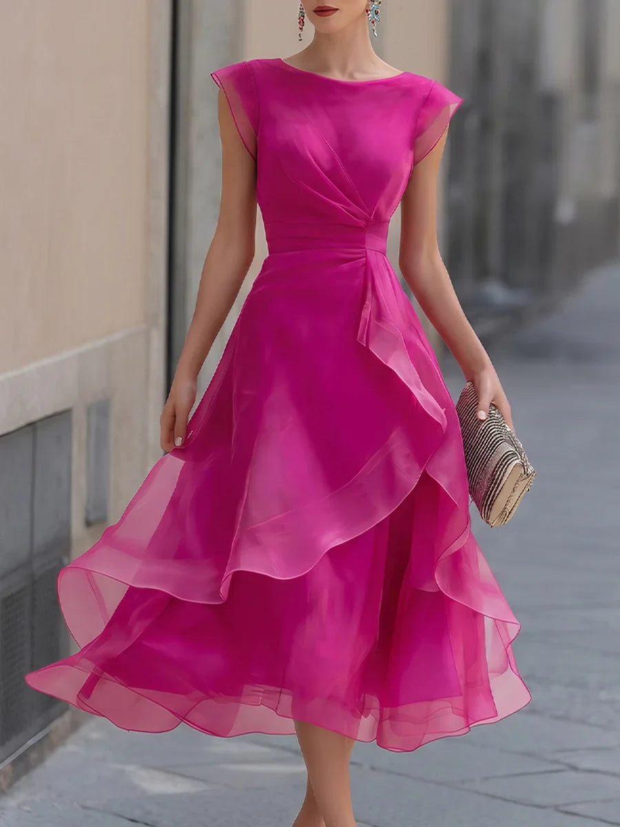 Graceful Chiffon A-Line Boat Neck Cap Sleeve Zipper Back Midi Evening Dresses