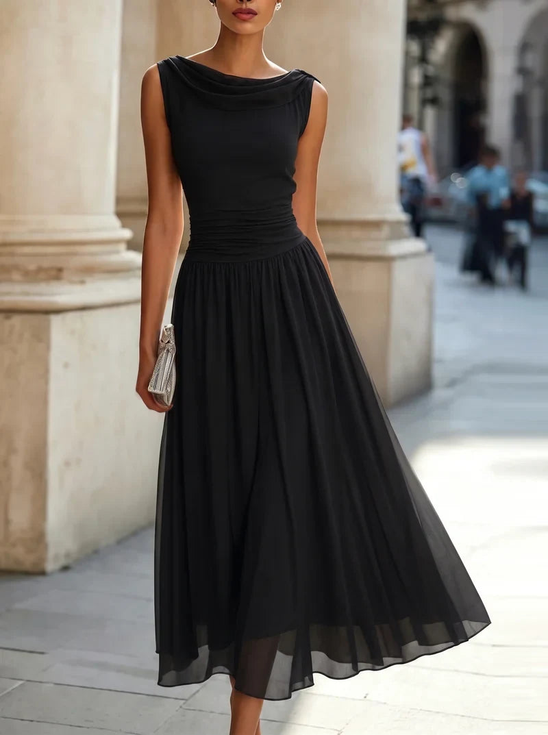 Graceful Chiffon A-Line Cowl Neck Sleeveless Draped Back Midi Evening Dresses