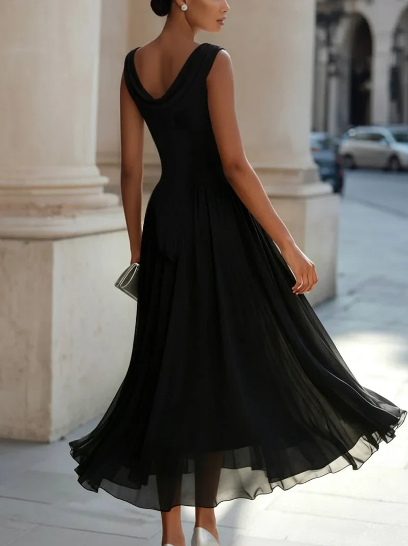 Graceful Chiffon A-Line Cowl Neck Sleeveless Draped Back Midi Evening Dresses