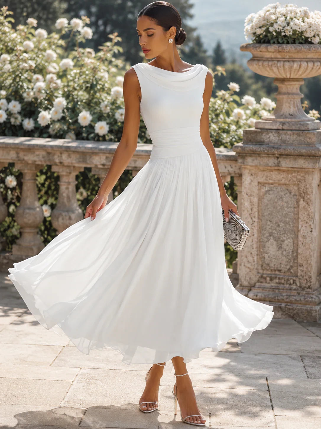 Graceful Chiffon A-Line Cowl Neck Sleeveless Draped Back Midi Evening Dresses