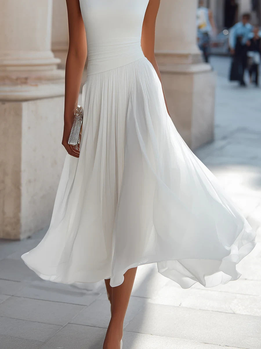 Graceful Chiffon A-Line Cowl Neck Sleeveless Draped Back Midi Evening Dresses