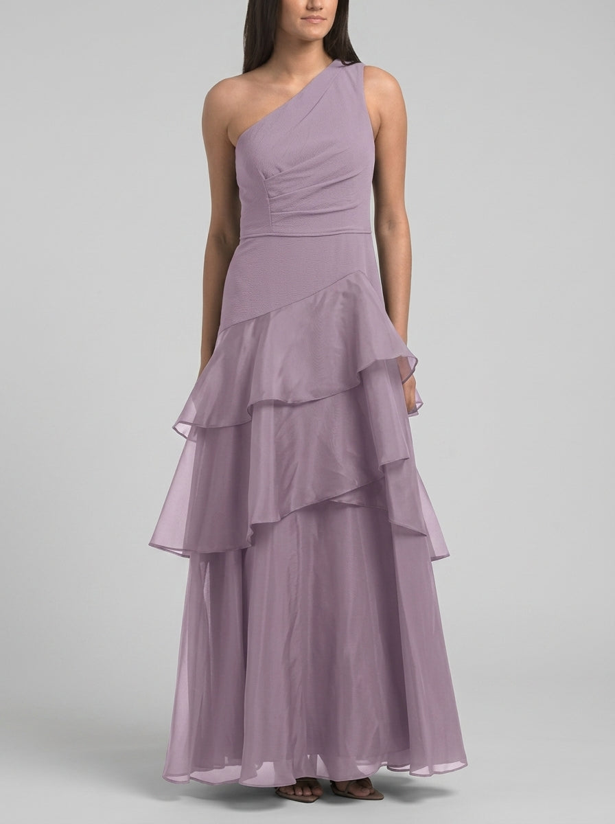 Graceful Chiffon A-Line One-Shoulder Sleeveless Covered Back Floor-Length Tiered Evening Dresses