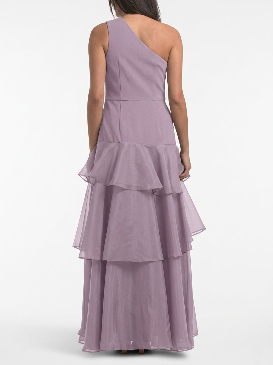 Graceful Chiffon A-Line One-Shoulder Sleeveless Covered Back Floor-Length Tiered Evening Dresses