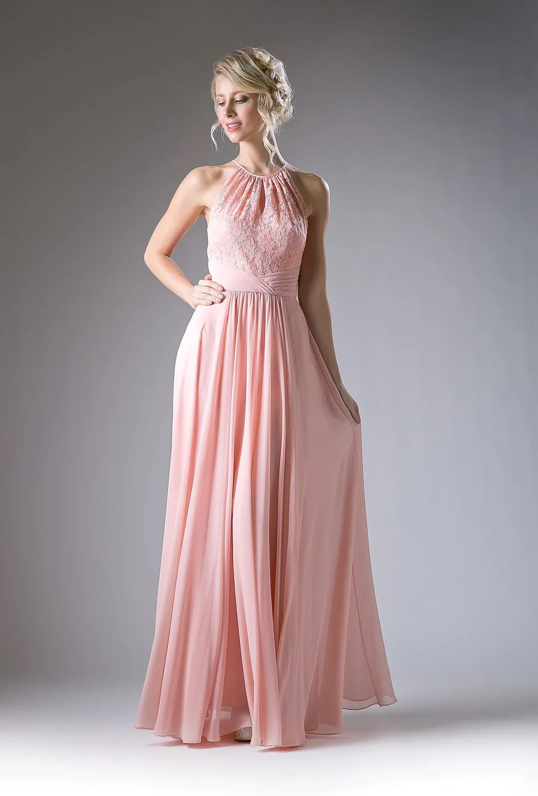 Graceful Chiffon Lace A-Line Halter Sleeveless Keyhole Back Floor-Length Evening Dresses