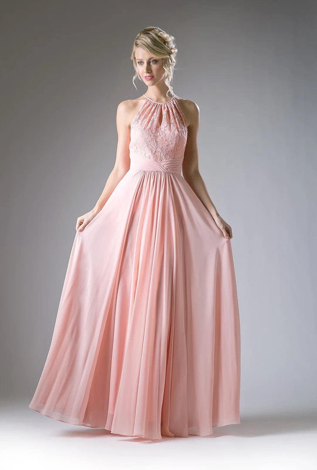 Graceful Chiffon Lace A-Line Halter Sleeveless Keyhole Back Floor-Length Evening Dresses