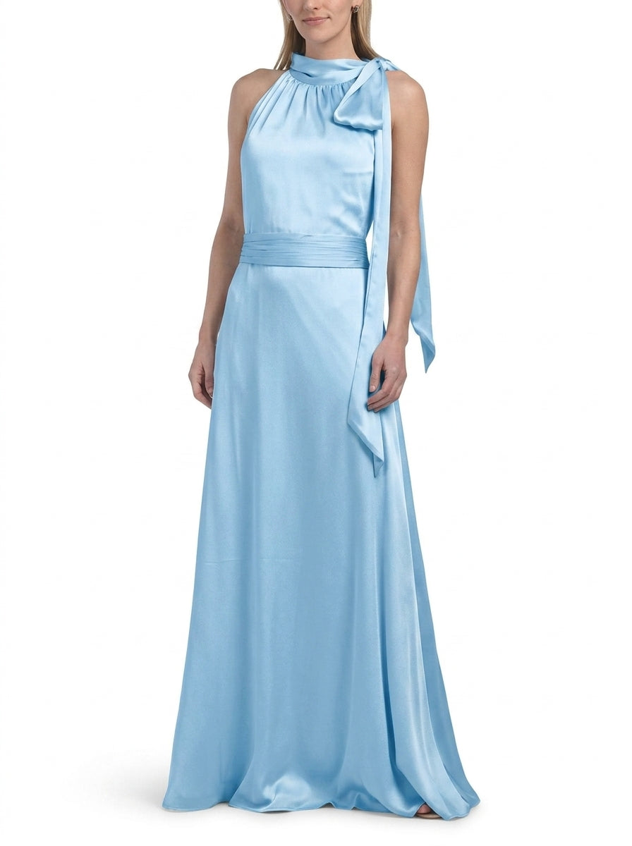 Graceful Satin A-Line Halter Bow-Tie Neck Sleeveless Tie-Back Floor-Length Evening Dresses
