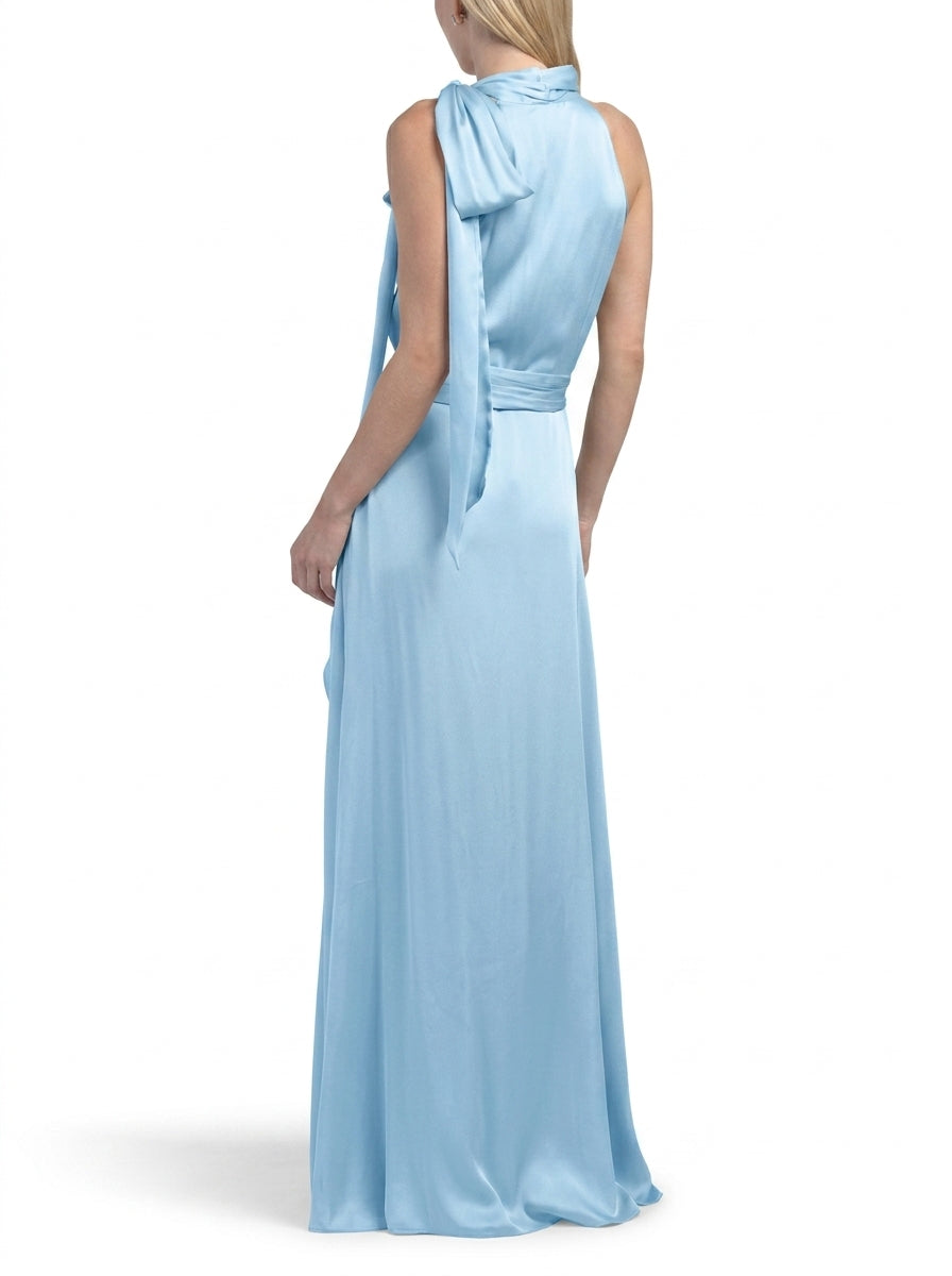 Graceful Satin A-Line Halter Bow-Tie Neck Sleeveless Tie-Back Floor-Length Evening Dresses