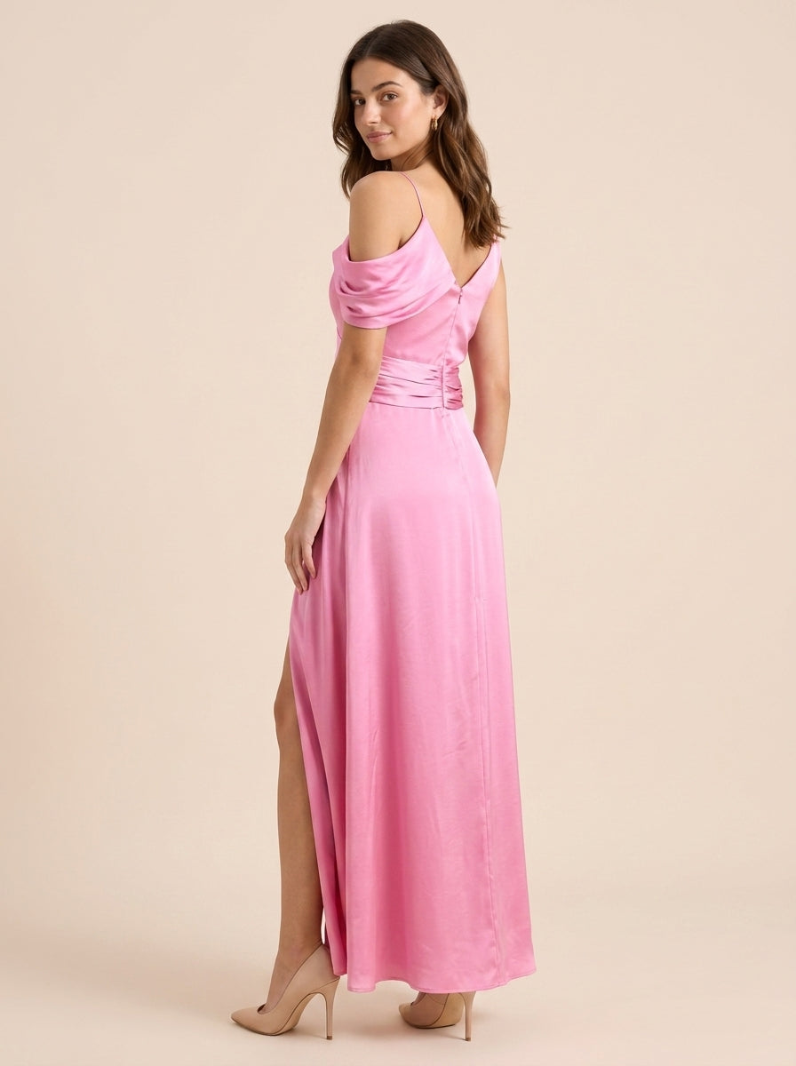 Graceful Satin A-Line V-Neck Cold Shoulder Short Sleeve Zipper Back Floor-Length Evening Dresses